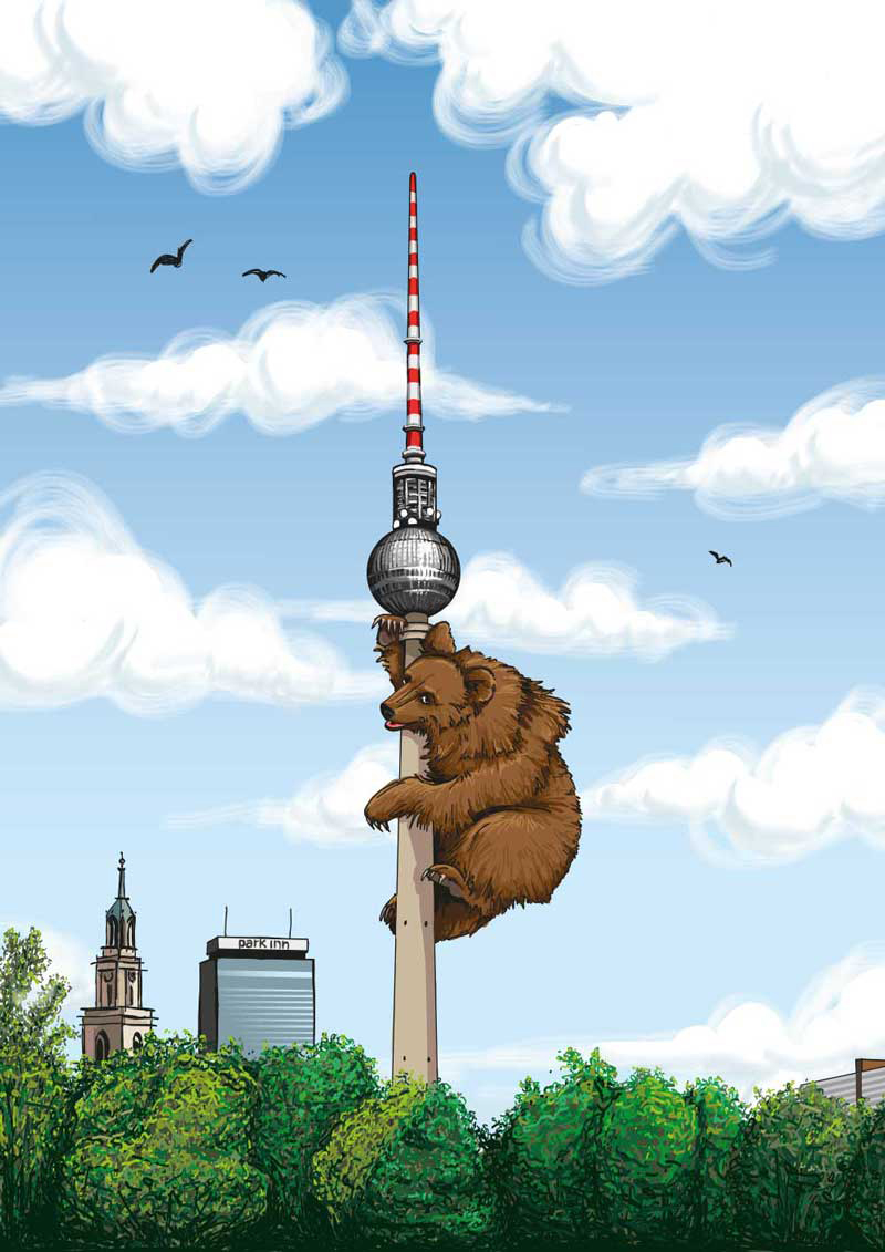Berliner Bär klettert den Fernsehturm hoch