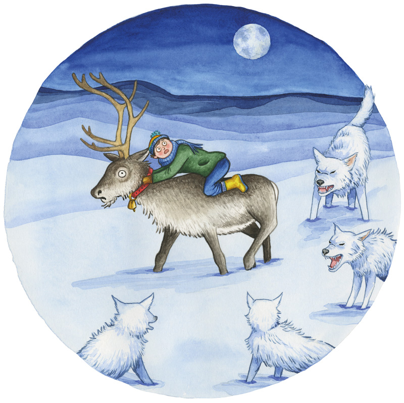 Zeichnung in Aquarell für die Christpost zeigt den Jungen Niklas und das Rentier Elroy mit den Eiswölfen.