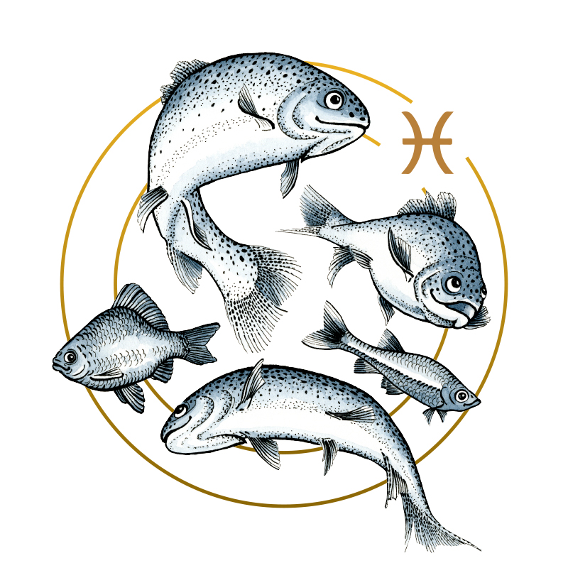 Sternkreiszeichen Fische, Horoskop, Zeichnung in Aquarell im grafischen Kreis