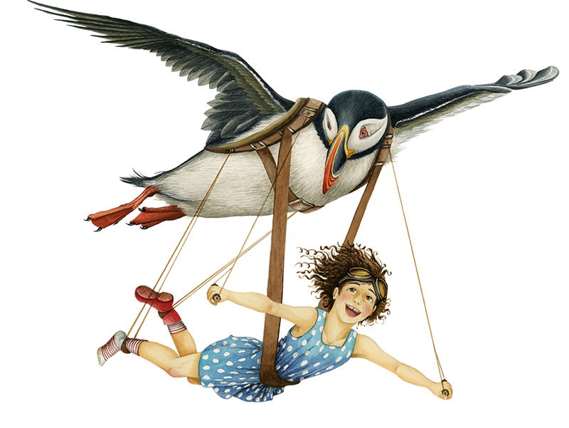 Das Mädchen Anouk erlebt ein Abenteuer mit dem Papagaientaucher und fliegt mit ihm durch die Lüfte
