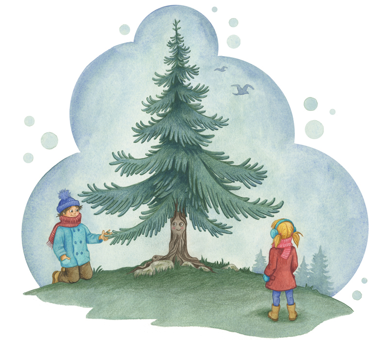 Zeichnung in Aquarell für die Christpost 2020. Motiv zeigt zwei Kinder die mit einem Tannenbaum sprechen.