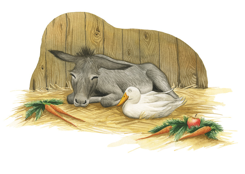 Zeichnung in Aquarell für die Christpost zeigt Esel und Gans im Stall zu Weihnachten.