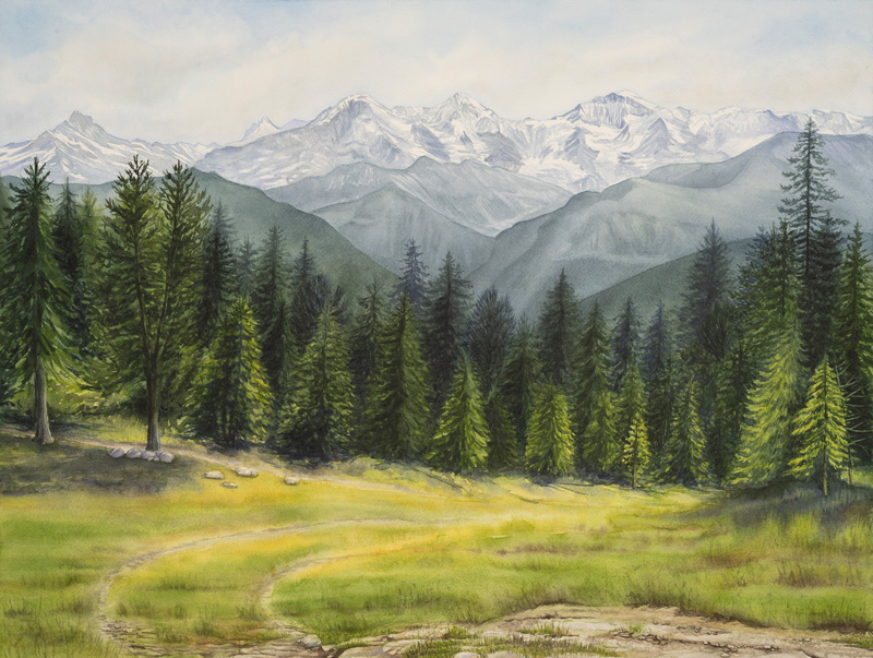 Auftragsarbeit von Berglandschaft mit Eiger, Mönch und Jungfrau. Aquarell auf Papier.